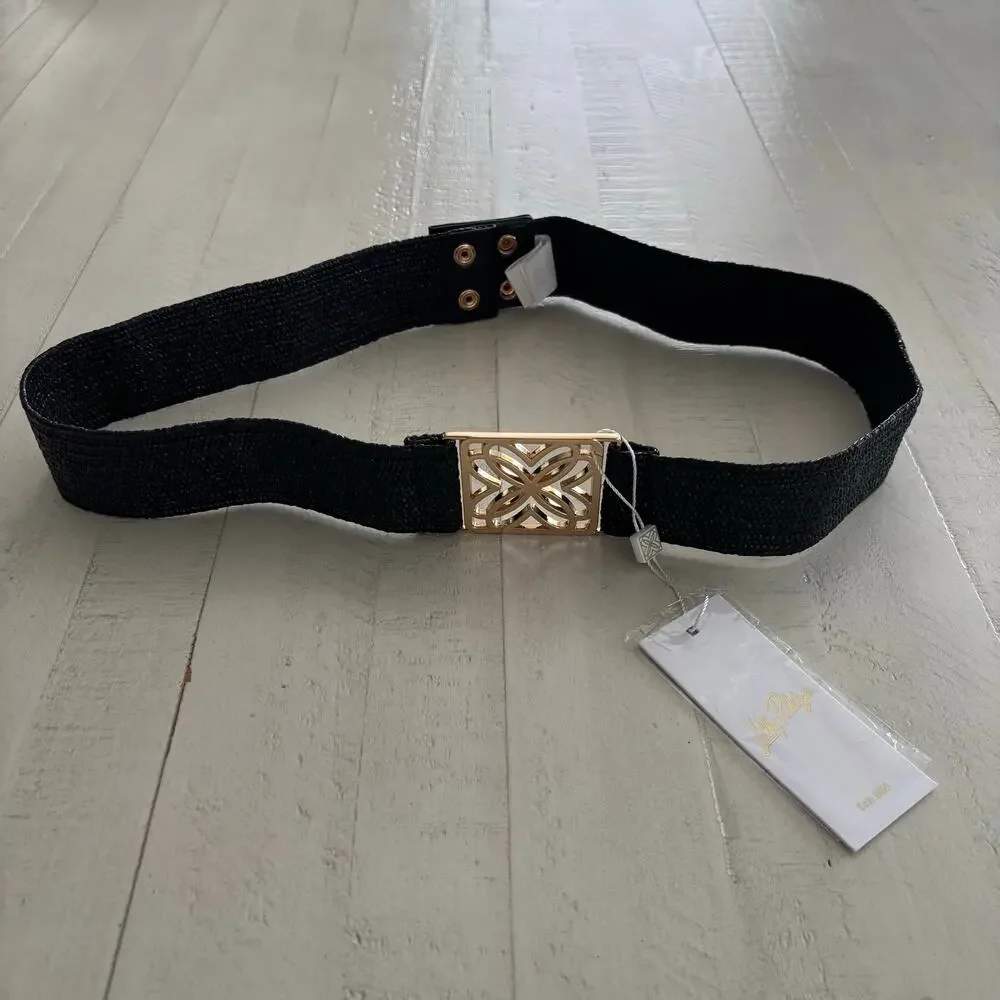 NWT Lilly Pulitzer Arta Woven Straw black and gold Belt Size L/XL